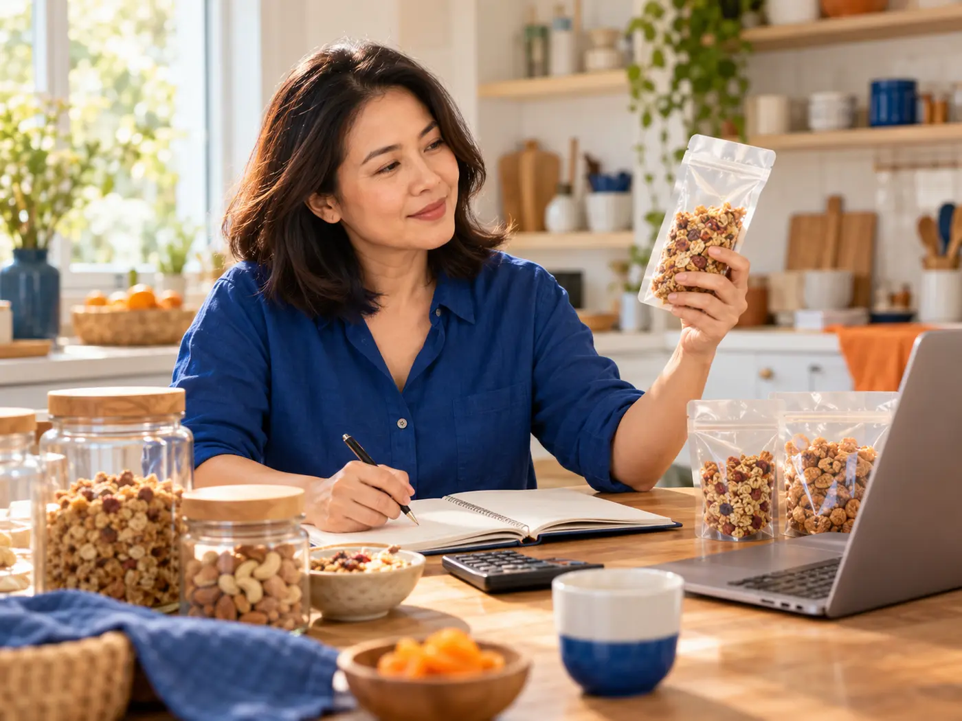 ภาพประกอบผู้เริ่มธุรกิจกำลังวางแผนสินค้าและบรรจุภัณฑ์ที่บ้าน