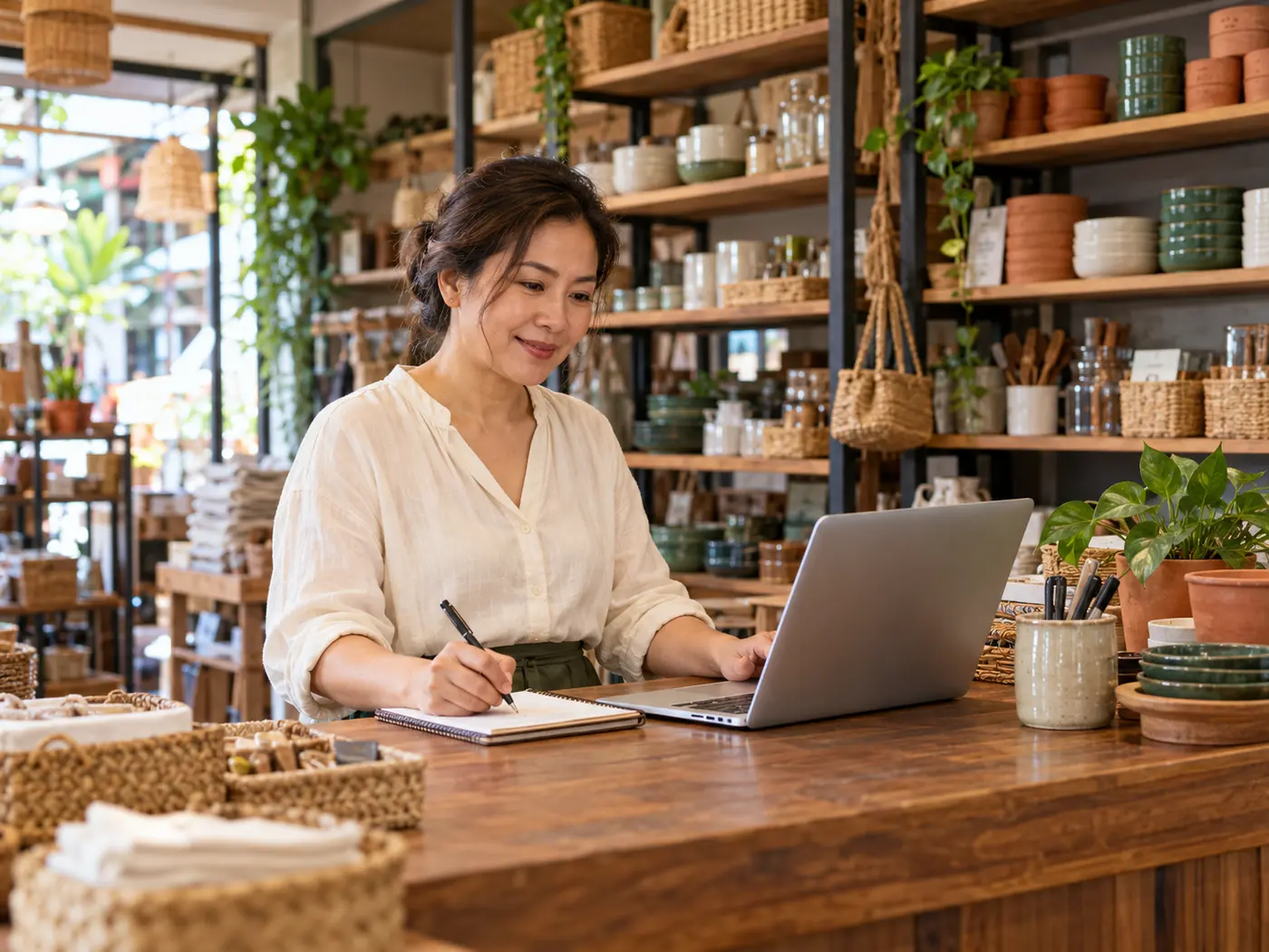 ภาพประกอบเจ้าของร้านกำลังจัดการงานด้วยโน้ตบุ๊ก