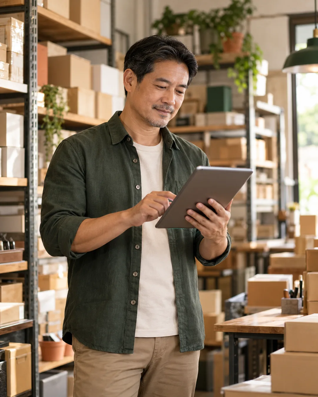 เจ้าของกิจการตรวจเอกสารการสั่งซื้อในร้าน
