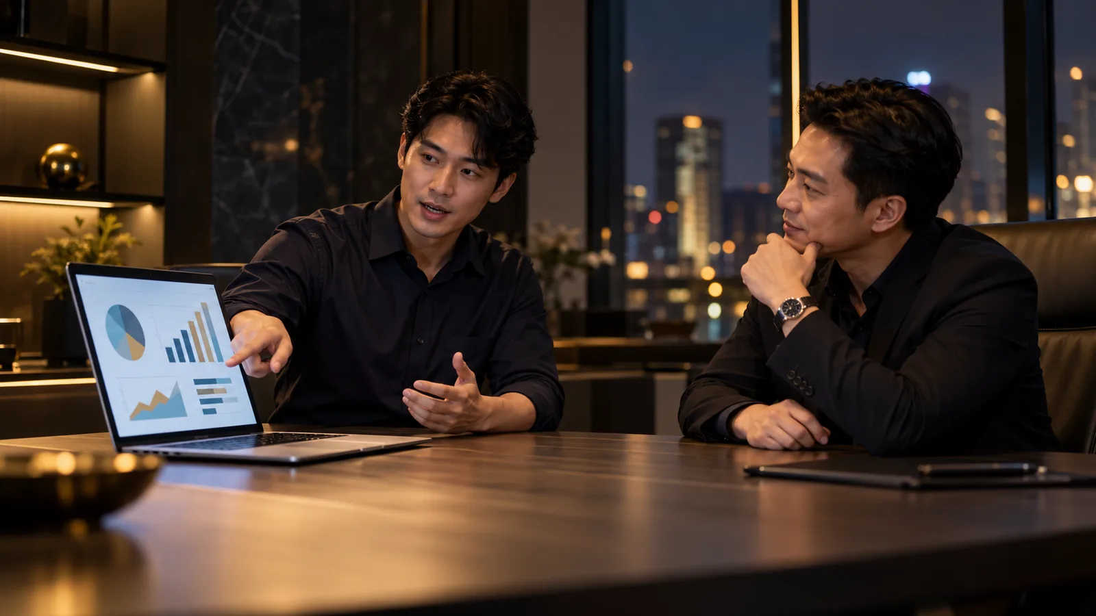 เจ้าหน้าที่จัดซื้อกำลังอธิบายงานให้หัวหน้าฟังในห้องประชุม